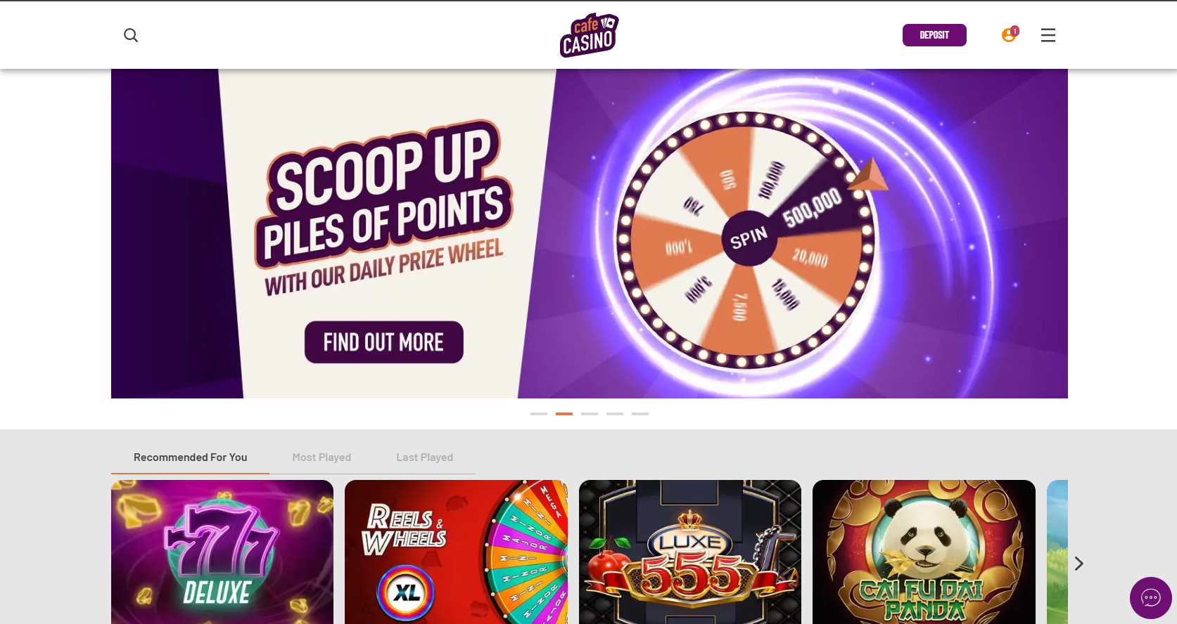 Cafe Casino homepage screenshot
