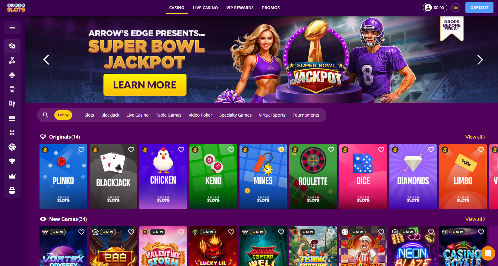 Super Slots homepage screenshot