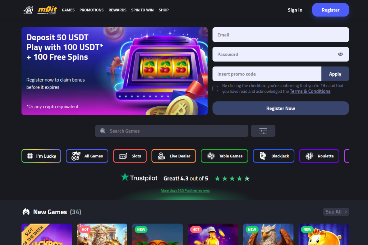 mBit Casino homepage screenshot